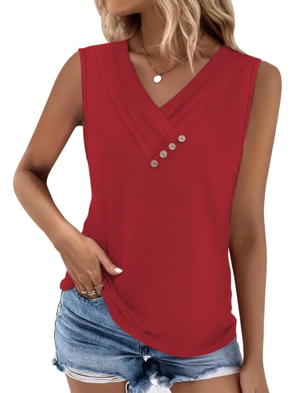 Women's Red Sleeveless Summer Tank Top Casual V Neck Loose Fit Pleated Button